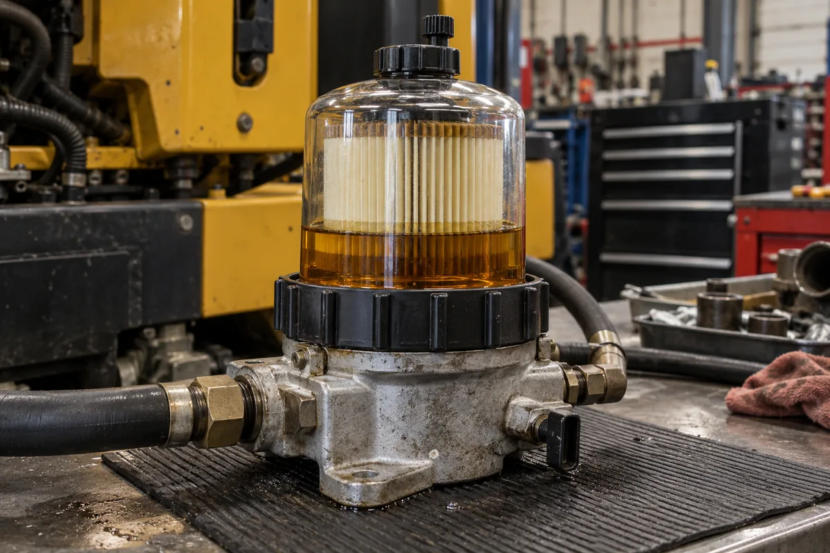 A diesel fuel processor with a cast-aluminum base and a clear upper dome cover showing fuel partially submerging the lower pleats of a cartridge element
