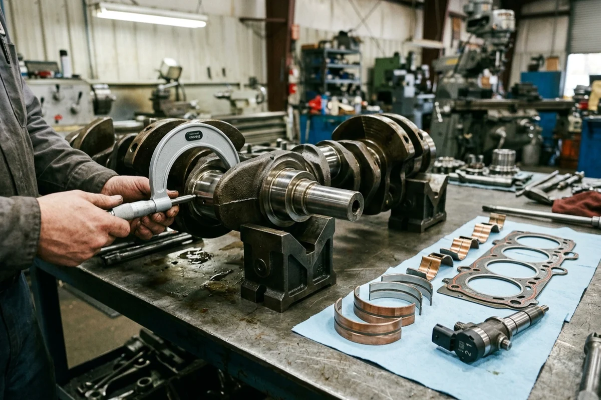 Outside micrometer positioned across a polished heavy-duty diesel crankshaft connecting-rod journal on a steel workbench beside bi-metal main and rod bearing half-shells, a multi-layer steel cylinder head gasket, and an electronic common-rail fuel injector