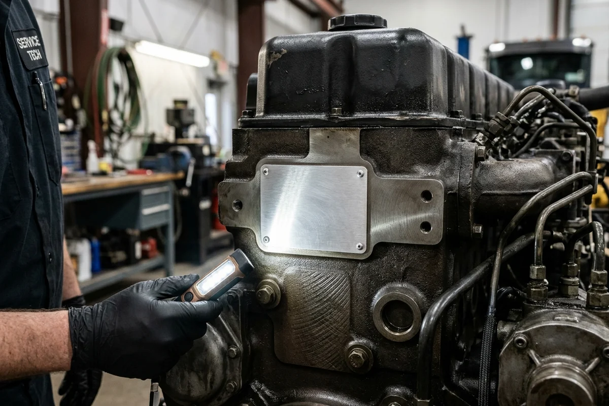 Technician wearing black nitrile gloves holding an angled LED inspection light at a 15-degree oblique raking angle across a riveted brushed-aluminum diesel engine dataplate and machined cylinder-block serial stamping pad