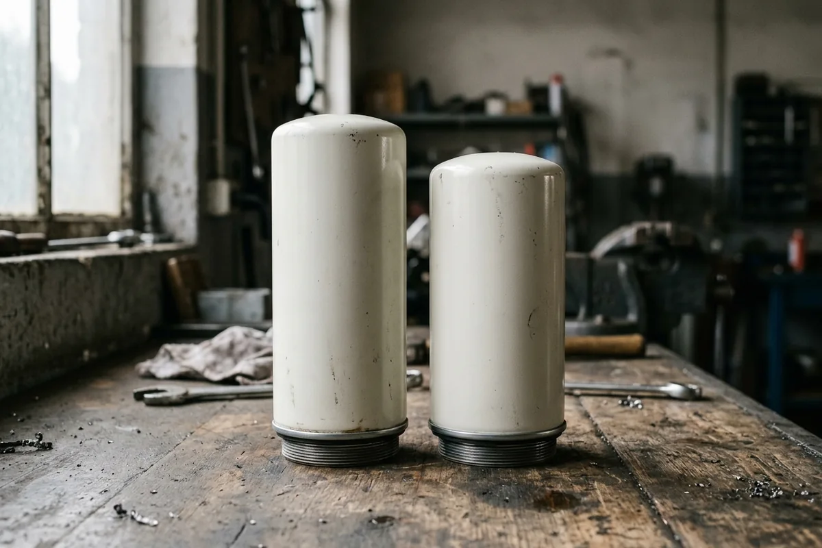 Two plain spin-on filter cans of different heights on a workbench