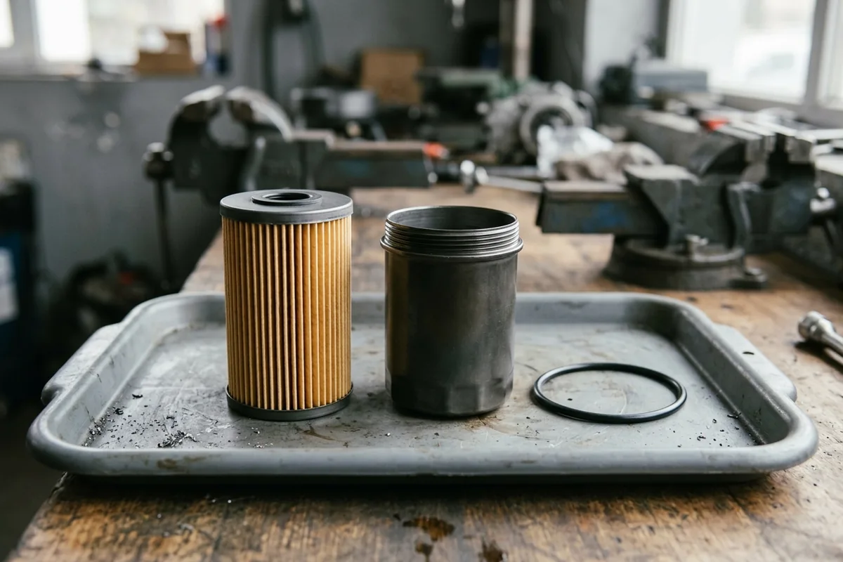 A pleated filter cartridge beside a dark housing and a sealing ring on a service tray