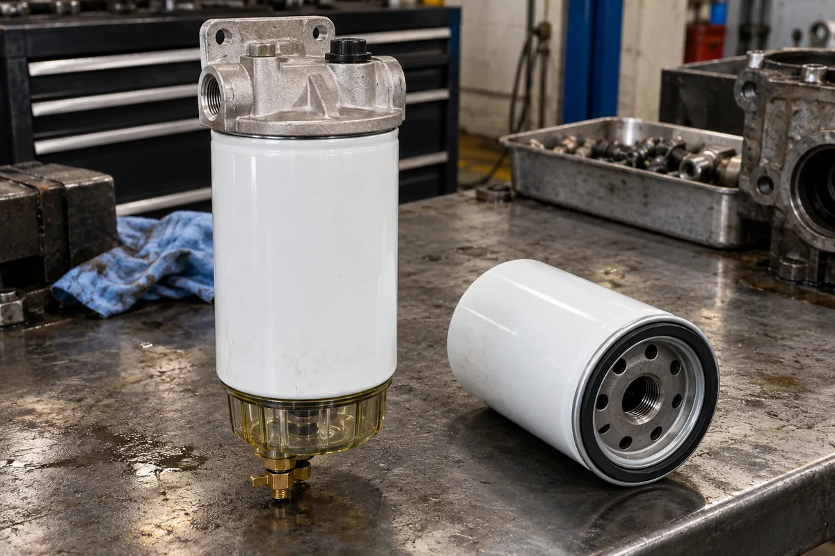 A primary spin-on fuel water separator with a clear lower bowl and brass drain beside a shorter secondary spin-on fuel filter can on a steel workbench