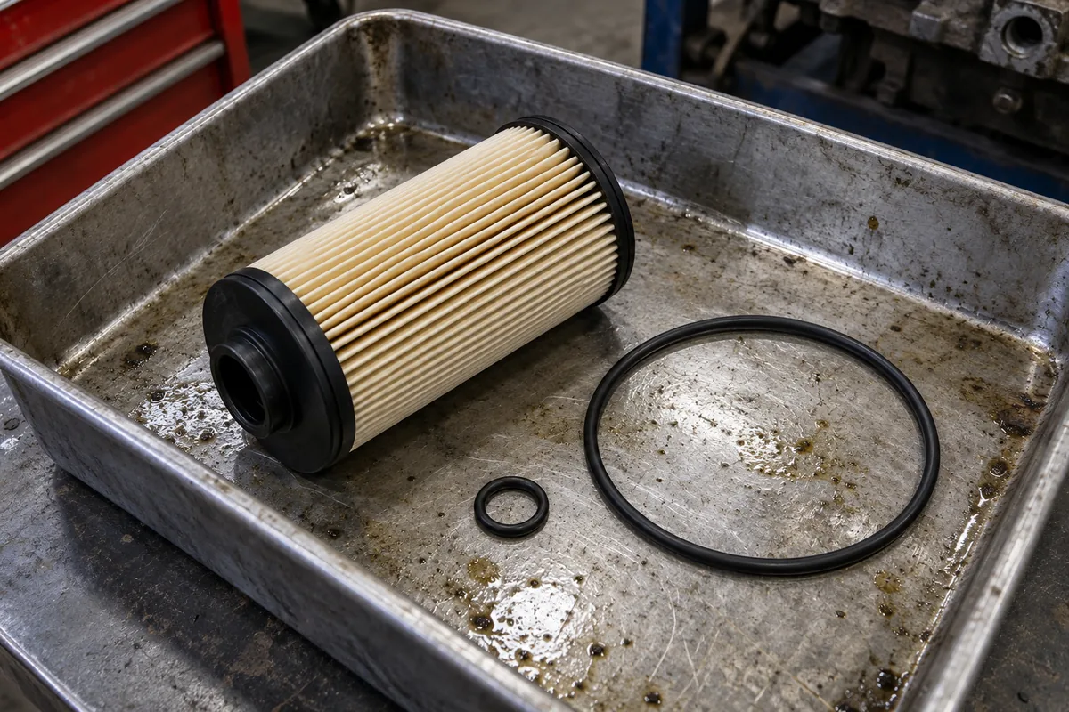 A pleated fuel filter cartridge element resting in a steel parts tray beside a large housing cover O-ring and a small vent-cap O-ring