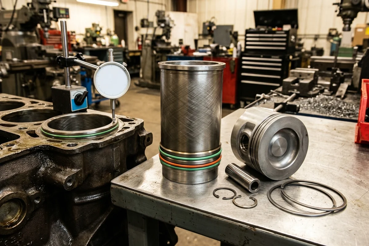 Heavy-duty diesel engine cylinder overhaul kit on a clean steel workbench showing a cross-hatched wet cylinder liner with elastomer O-ring seals, a forged piston with re-entrant combustion bowl, wrist pin, piston rings, and a magnetic sled dial indicator gauge measuring liner flange protrusion on an engine block deck