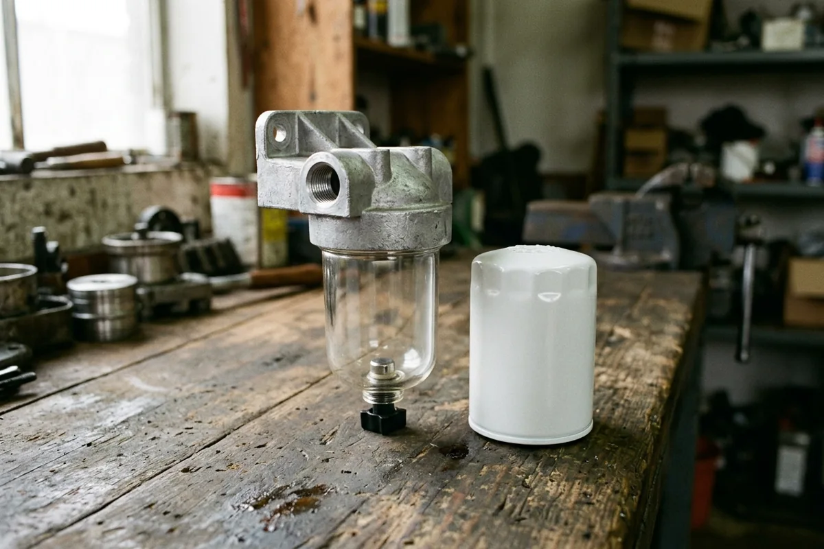 A filter assembly with a clear lower bowl beside a separate white filter can on a workbench
