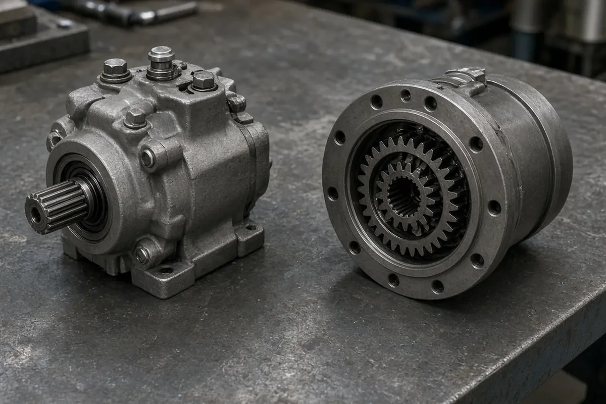 Disassembled crawler excavator final drive on a steel workbench showing the hydraulic travel motor with splined output shaft on the left and the planetary reduction gearbox hub with sun, planet, and internal ring gears on the right