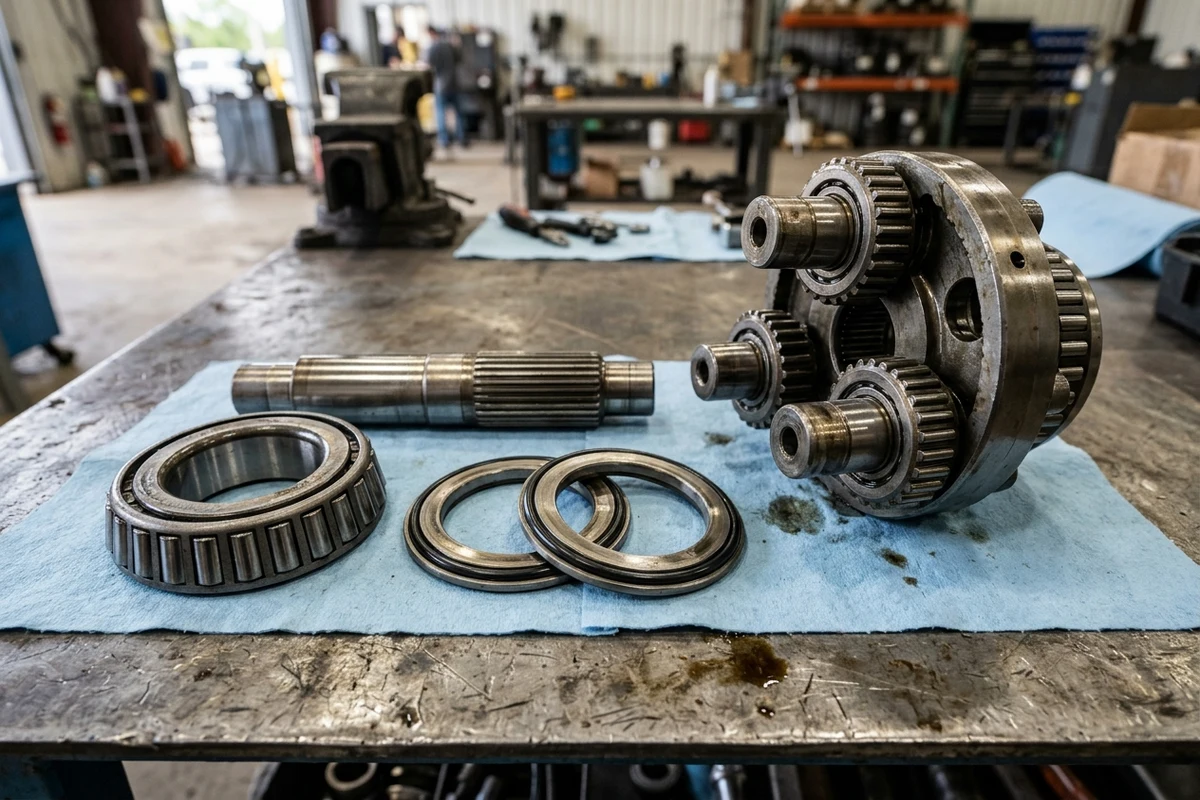 Disassembled excavator planetary reduction gearbox internal components on a blue workshop mat showing a 3-planet gear carrier assembly, splined sun gear shaft, precision-lapped Duo-Cone floating face seal rings with black toric O-rings, and tapered roller main hub bearing