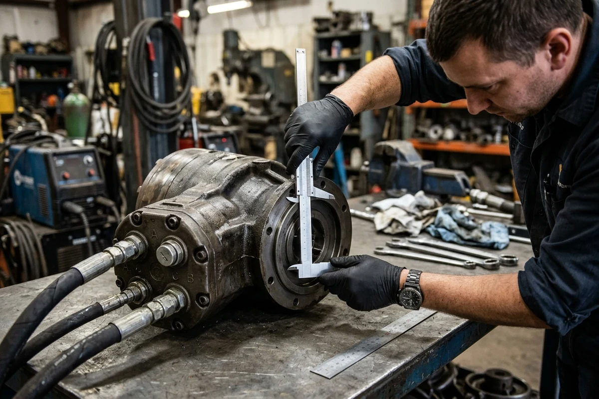 Heavy equipment technician in black nitrile gloves using a stainless vernier caliper to measure the mounting pilot register diameter and bolt circle on an excavator final drive travel motor alongside its rear hydraulic ports