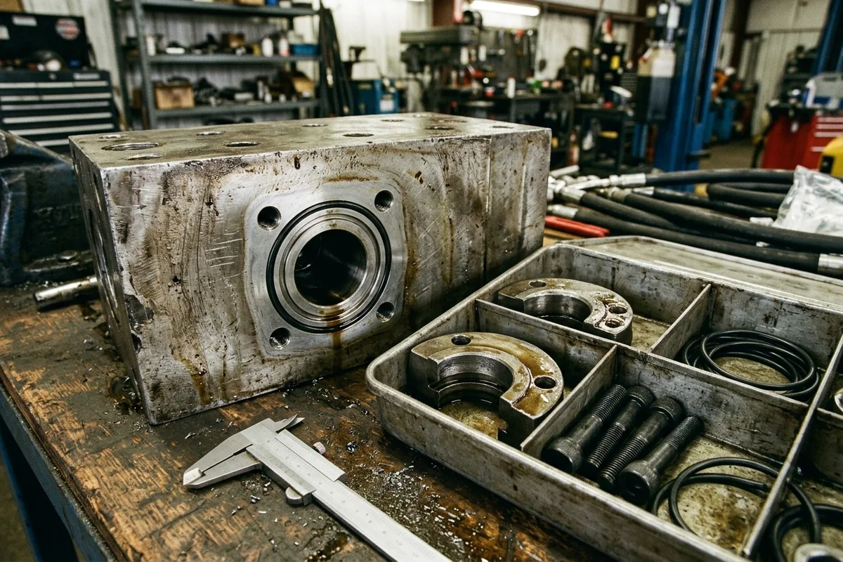 High-pressure 4-bolt hydraulic flange port face on a steel manifold block beside split-flange clamp halves, grade 10.9 socket head cap screws, O-ring seals in a parts tray, and a vernier caliper
