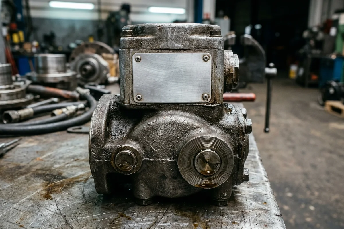 Heavy cast-iron excavator hydraulic pump assembly on a steel workbench showing the contrast between a riveted brushed-aluminum component nameplate and the rough cast-iron housing surface