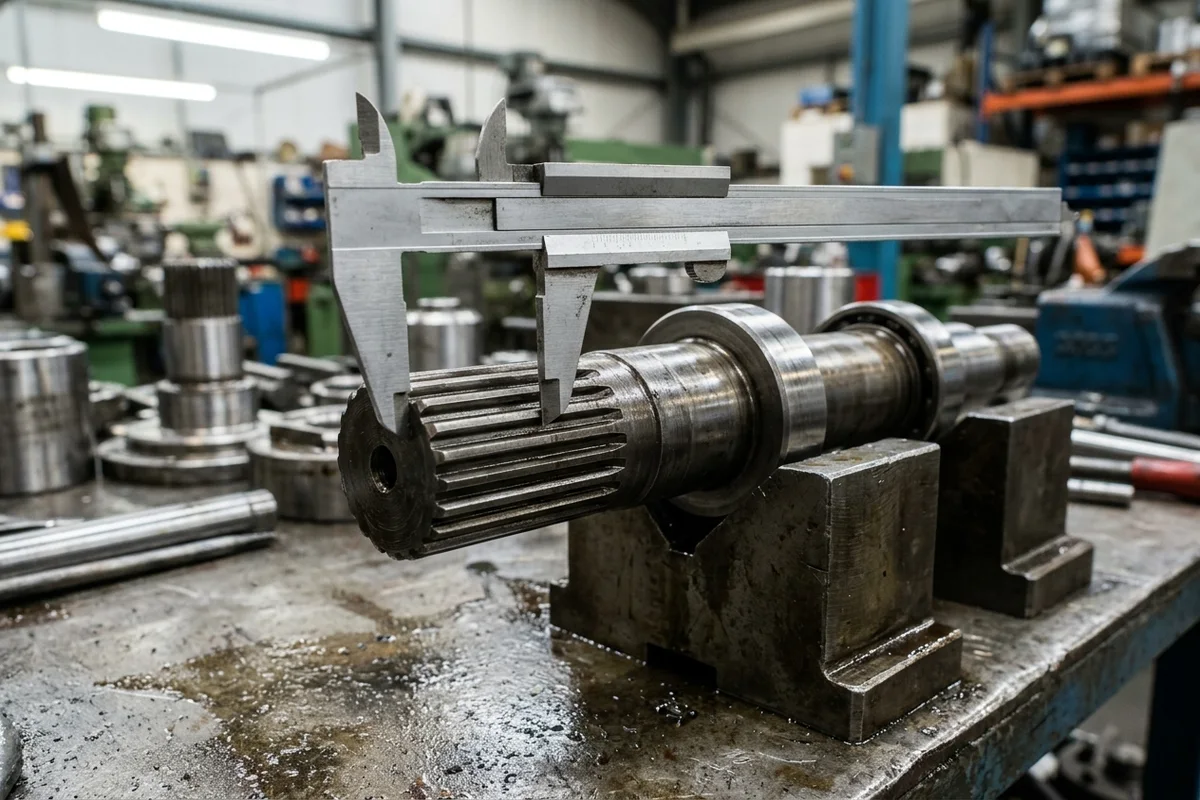 Stainless steel vernier caliper measuring across the external involute spline teeth of a heavy excavator hydraulic drive shaft resting on steel V-blocks on a workshop bench
