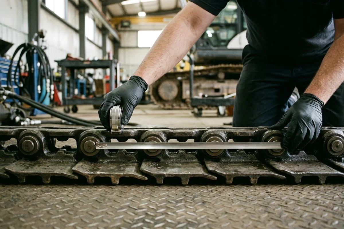 Heavy equipment technician in black nitrile gloves holding a stainless steel metric tape measure taut across four consecutive track link pitches on an articulated forged steel excavator track chain assembly on a workshop floor