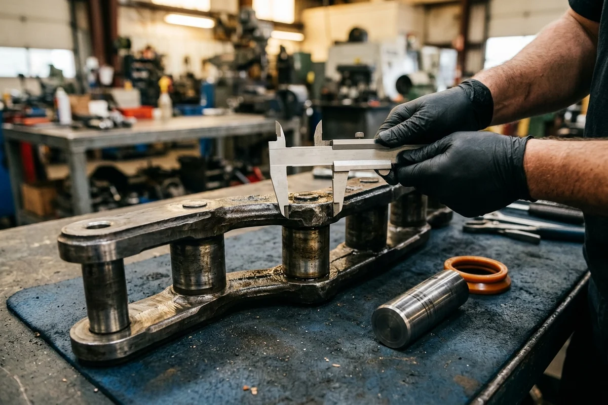 Technician in black nitrile gloves using a stainless vernier caliper to measure the cylindrical steel bushing outer diameter on an articulated excavator track link assembly on a blue workshop mat