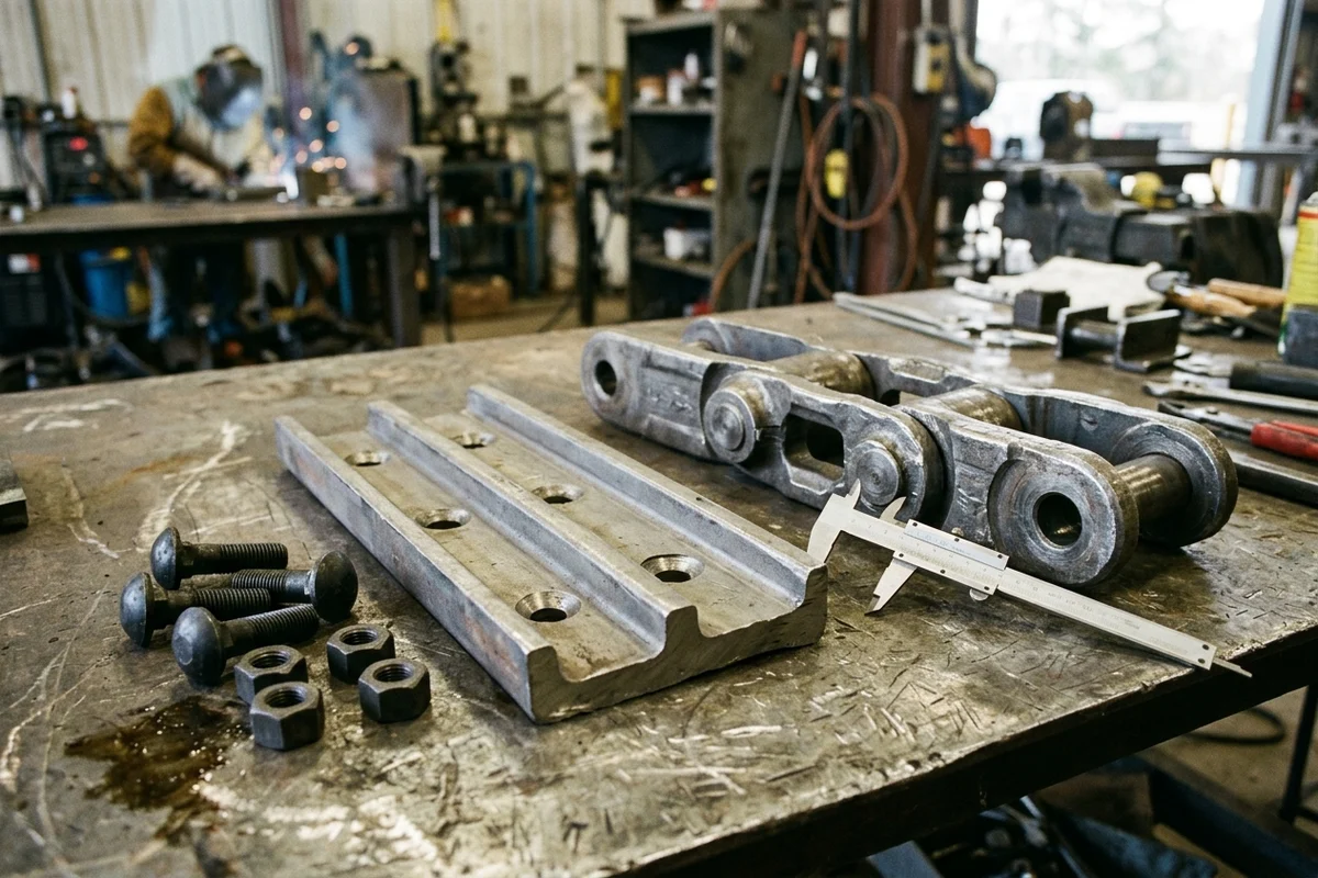 Heavy steel workbench showing a rolled boron-steel triple-grouser excavator track shoe with four bolt holes alongside forged track links, black-oxide ISO 898-1 Class 12.9 track plow bolts, square nuts, and a vernier caliper measuring bolt hole center spacing