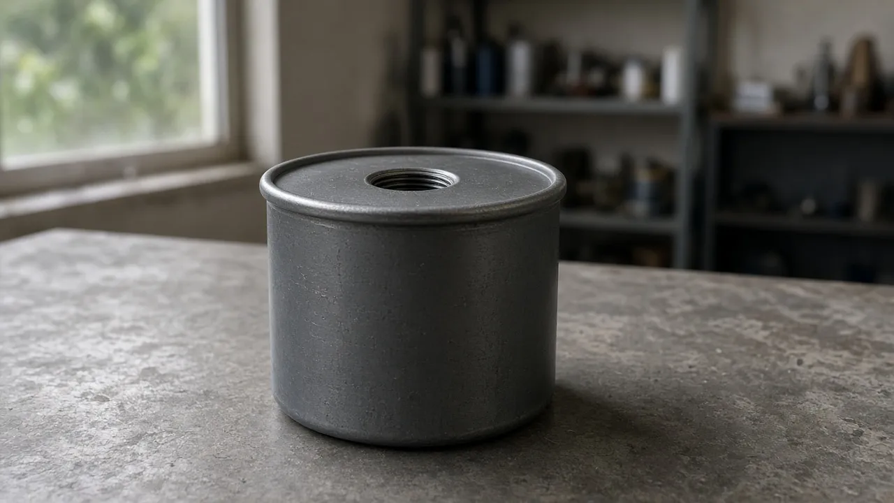 A plain spin-on filter can standing on a workbench