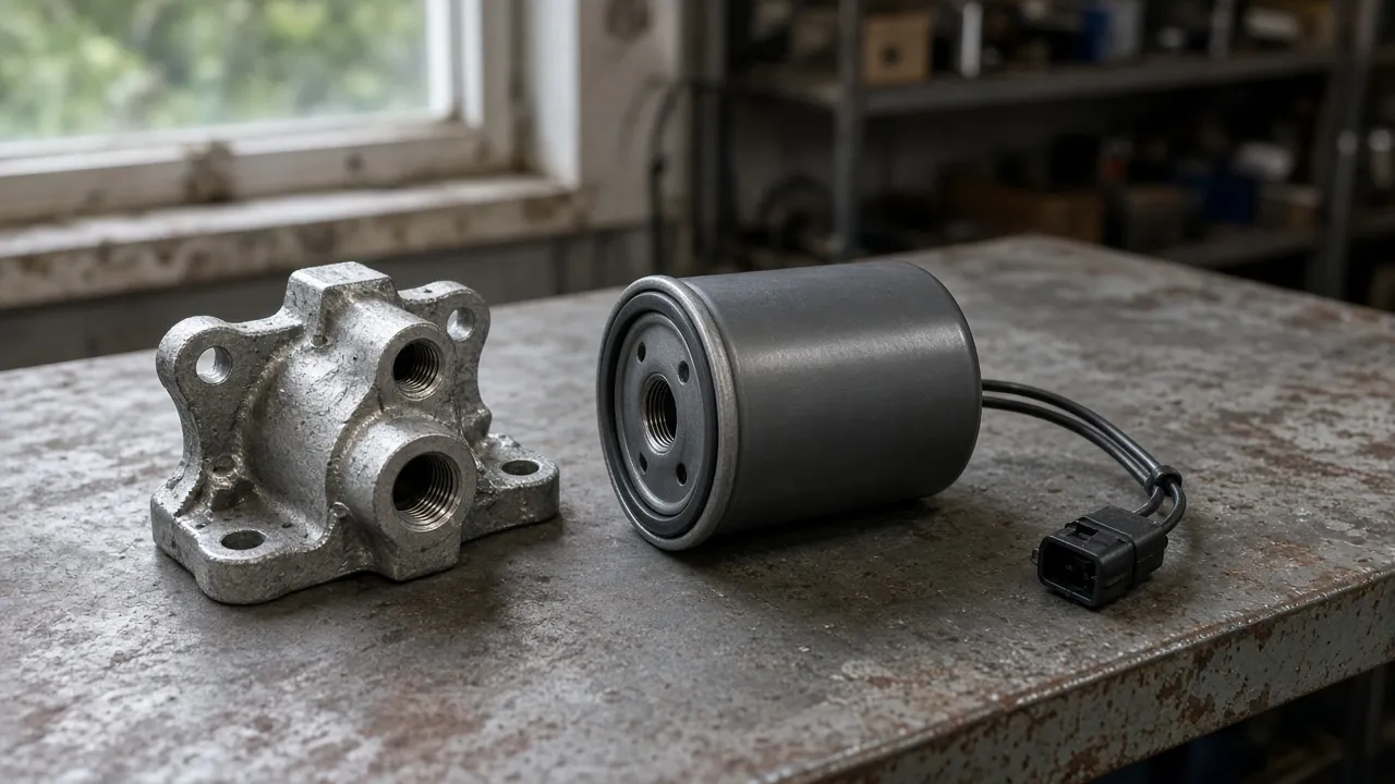 A cast filter head with two threaded ports beside a spin-on filter can with a wiring lead and plug at its far end