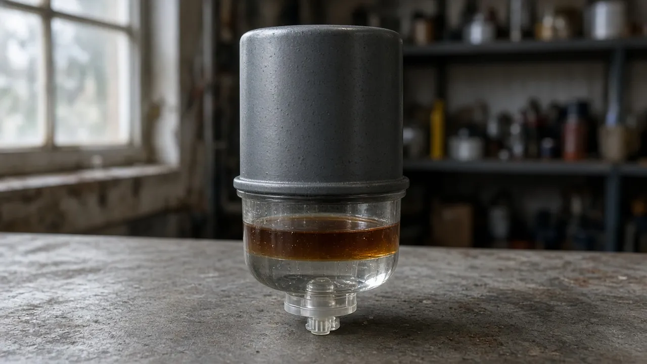 A spin-on filter with a clear collection bowl and a drain valve at the bottom, on a workbench