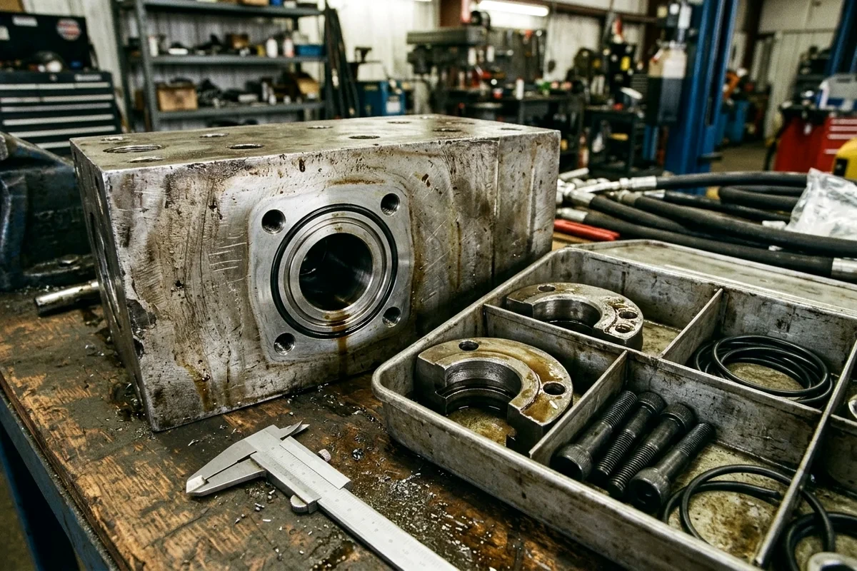 Machined hydraulic flange groove and seal counterbore on a workbench with vernier caliper, SAE 4-bolt split flanges, and replacement elastomer rings in a stainless tray