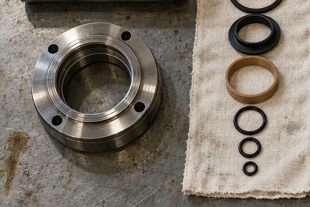 Technician measuring internal seal housing grooves of a ductile-iron hydraulic cylinder gland head on a steel workbench alongside disassembled rod seals and guide rings