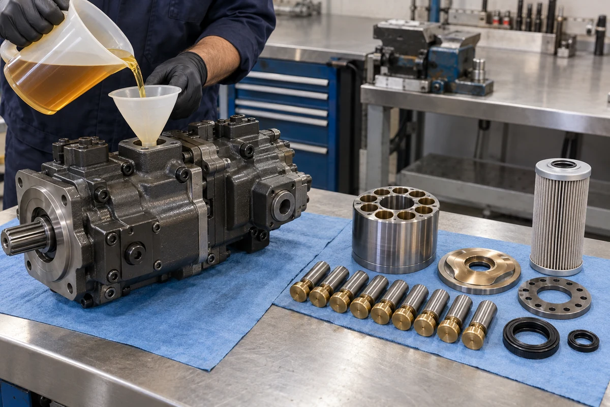 Industrial hydraulic workbench comparing a complete tandem axial-piston pump assembly being pre-filled with clean amber hydraulic oil through its upper case-drain port beside an internal axial-piston rotary group cartridge kit with steel cylinder barrel, bronze-slipper pistons, spherical valve plate, and hydraulic filter element