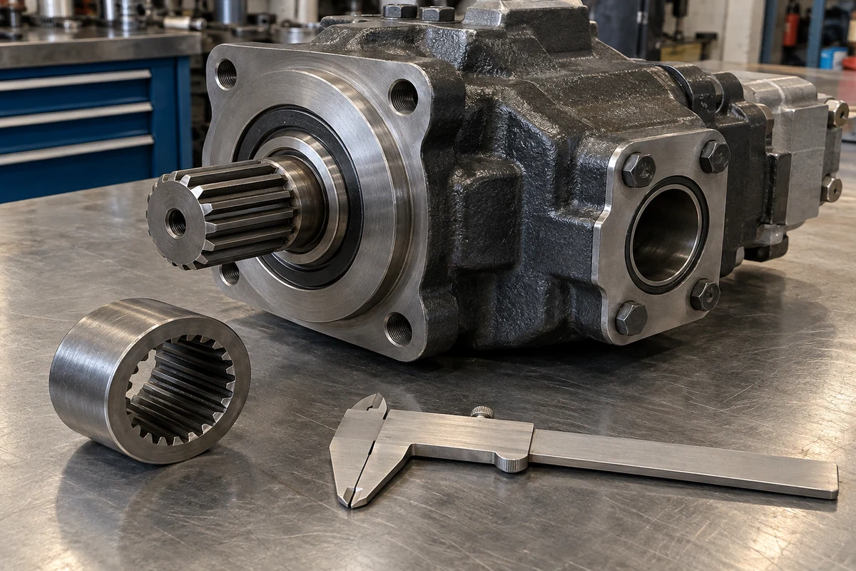 Digital vernier caliper measuring the major outside diameter of a multi-tooth involute splined input drive shaft protruding from a 4-bolt circular pilot mounting flange on a heavy-duty hydraulic pump alongside a 4-bolt split-flange high-pressure port