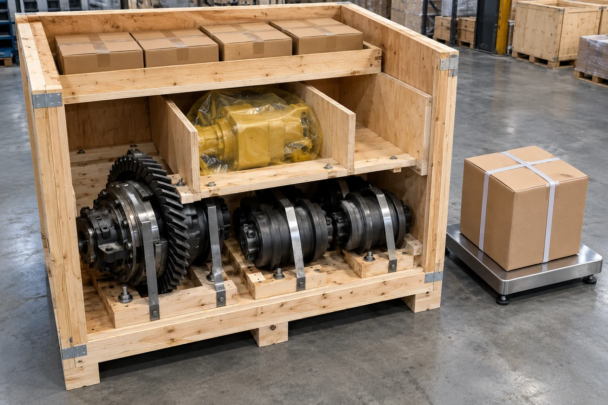 Export consolidation warehouse floor showing an open heat-treated wooden crate with heavy cast-iron differential gears and steel track rollers bolted to the bottom skid deck, internal wooden dividers isolating a VCI-wrapped hydraulic pump in the middle zone, upper shelf cartons, and a separate compact air-freight box on a floor scale