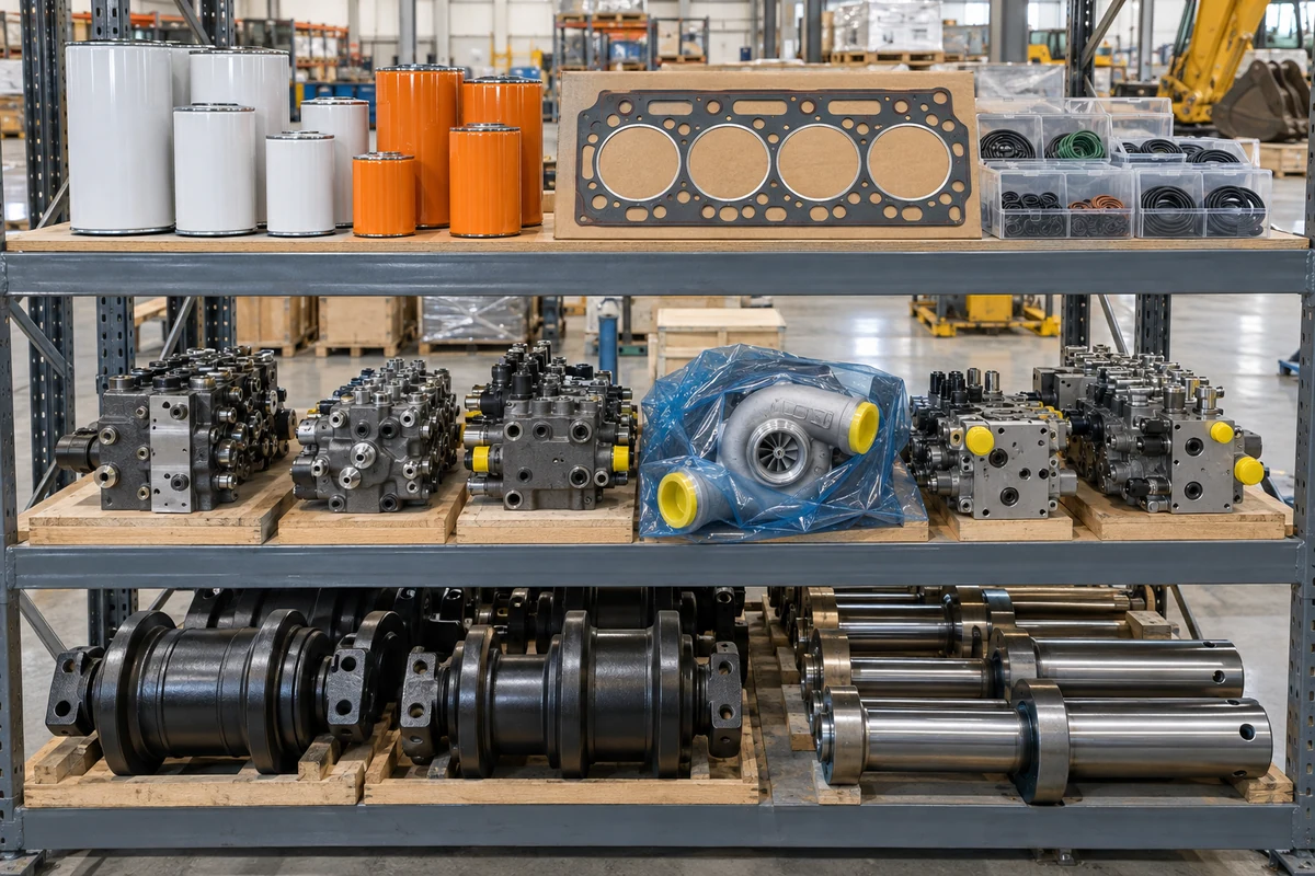 Multi-tier steel staging rack inside a heavy-equipment spare parts consolidation warehouse showing spin-on filters, a multi-layer steel cylinder head gasket on a rigid board, and O-ring seal kits on the upper shelf, VCI-wrapped hydraulic control valves with port plugs in the middle tray, and forged steel track rollers and bucket pins on the lower deck