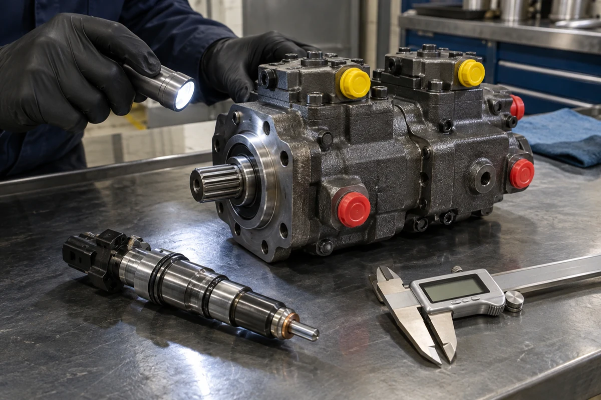 Heavy-equipment parts engineer wearing black nitrile gloves holding an angled LED flashlight at a 15-degree raking angle over a cast-iron axial-piston hydraulic main pump with capped ports, a common-rail fuel injector, and a digital vernier caliper on a steel inspection bench
