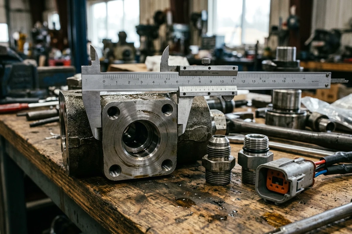 Stainless-steel vernier caliper locked across the bolt-hole centers of a 4-bolt hydraulic split-flange port face on an excavator valve block beside a 37-degree JIC flare adapter, an ORFS flat-face O-ring fitting, and a gray Deutsch multi-pin electrical connector with orange wedge lock