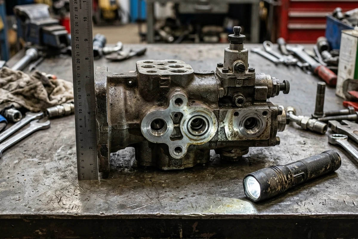 Removed excavator hydraulic control valve and pump regulator assembly arranged on a clean steel workshop bench with a stainless-steel machinist ruler placed coplanar against the machined mounting flange face and an angled LED inspection light