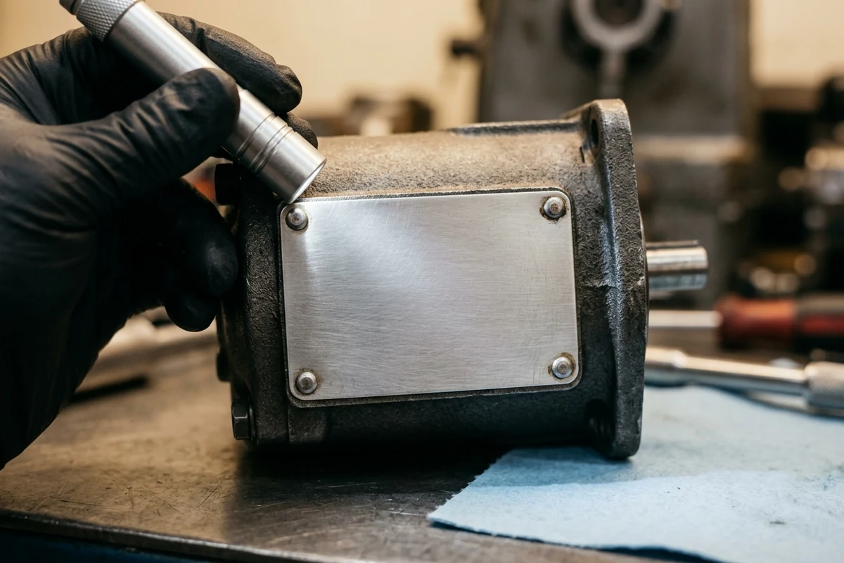 Technician wearing black nitrile gloves holding a compact LED inspection work light at a low 15-degree oblique raking angle across a riveted brushed-aluminum hydraulic pump nameplate on a cast-iron housing