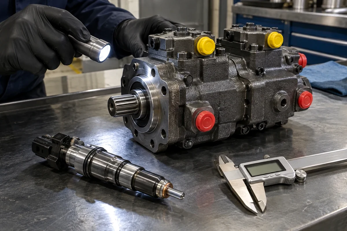 Heavy-equipment parts engineer wearing black nitrile gloves holding an angled LED flashlight at a 15-degree raking angle over a cast-iron axial-piston hydraulic main pump with capped ports, a common-rail fuel injector, and a digital vernier caliper on a steel inspection bench