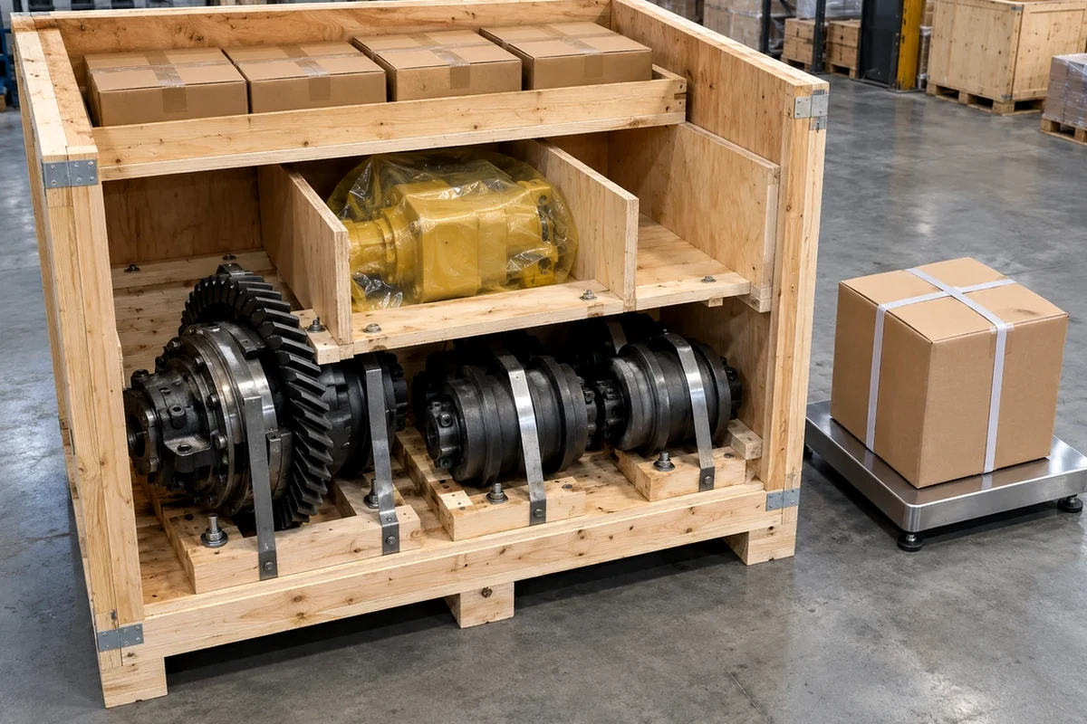 Export consolidation warehouse floor showing an open heat-treated wooden crate with heavy cast-iron differential gears and steel track rollers bolted to the bottom skid deck, internal wooden dividers isolating a VCI-wrapped hydraulic pump in the middle zone, upper shelf cartons, and a separate compact air-freight box on a floor scale