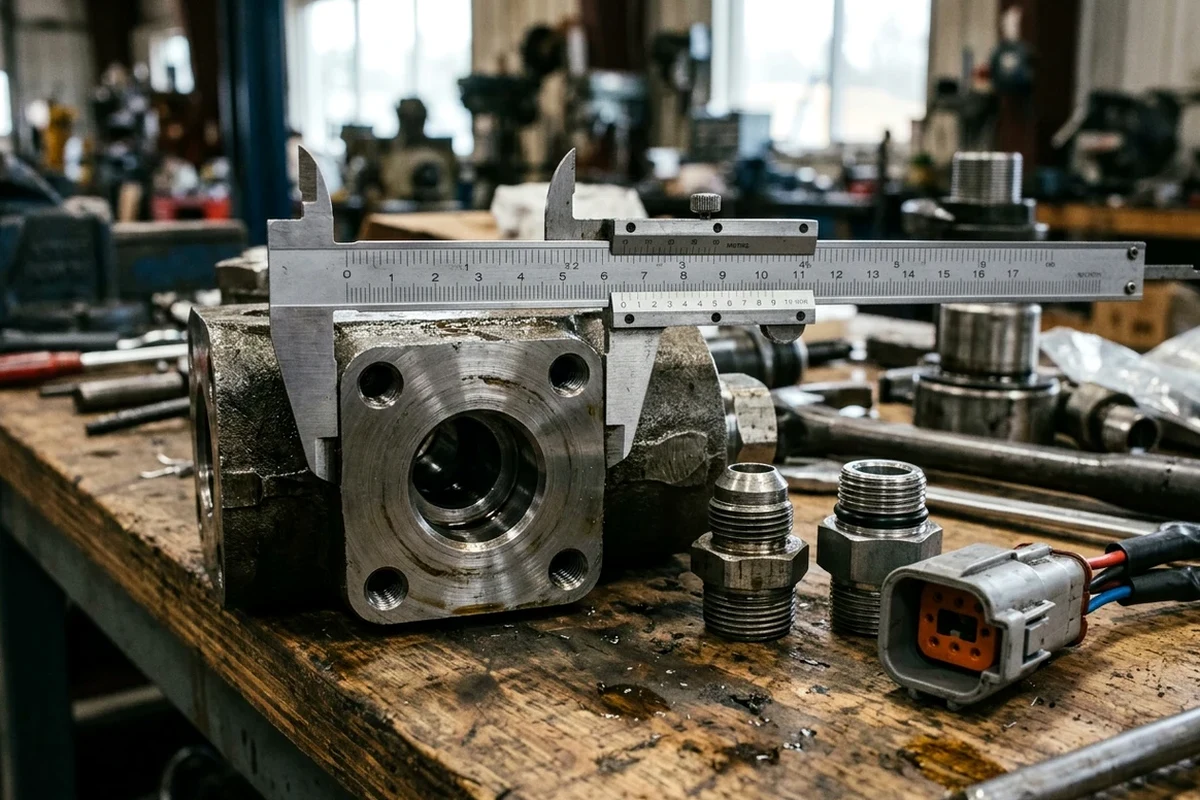 Precision vernier caliper measuring the 4-bolt split-flange port and mounting pilot of a heavy-equipment hydraulic valve housing on a workshop inspection bench alongside threaded hydraulic fittings and a multi-pin waterproof electrical connector