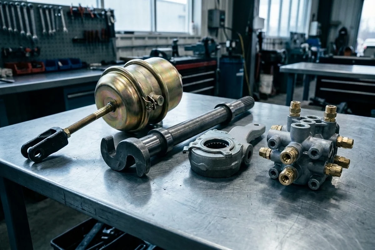 Heavy-duty commercial truck air brake and chassis components on a clean steel inspection workbench including a tandem spring-brake chamber with threaded pushrod clevis, a forged S-camshaft with splined automatic slack adjuster, and a cast-aluminum four-circuit pneumatic protection valve