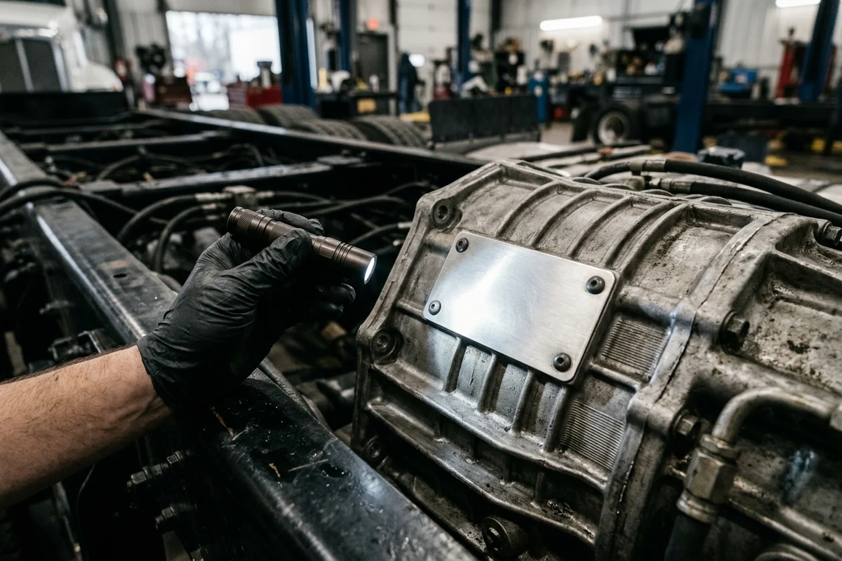Heavy-duty truck technician wearing black nitrile gloves holding an angled LED inspection light at a 15-degree oblique raking angle across a riveted cast-aluminum transmission identification plate and chassis frame rail in a service bay