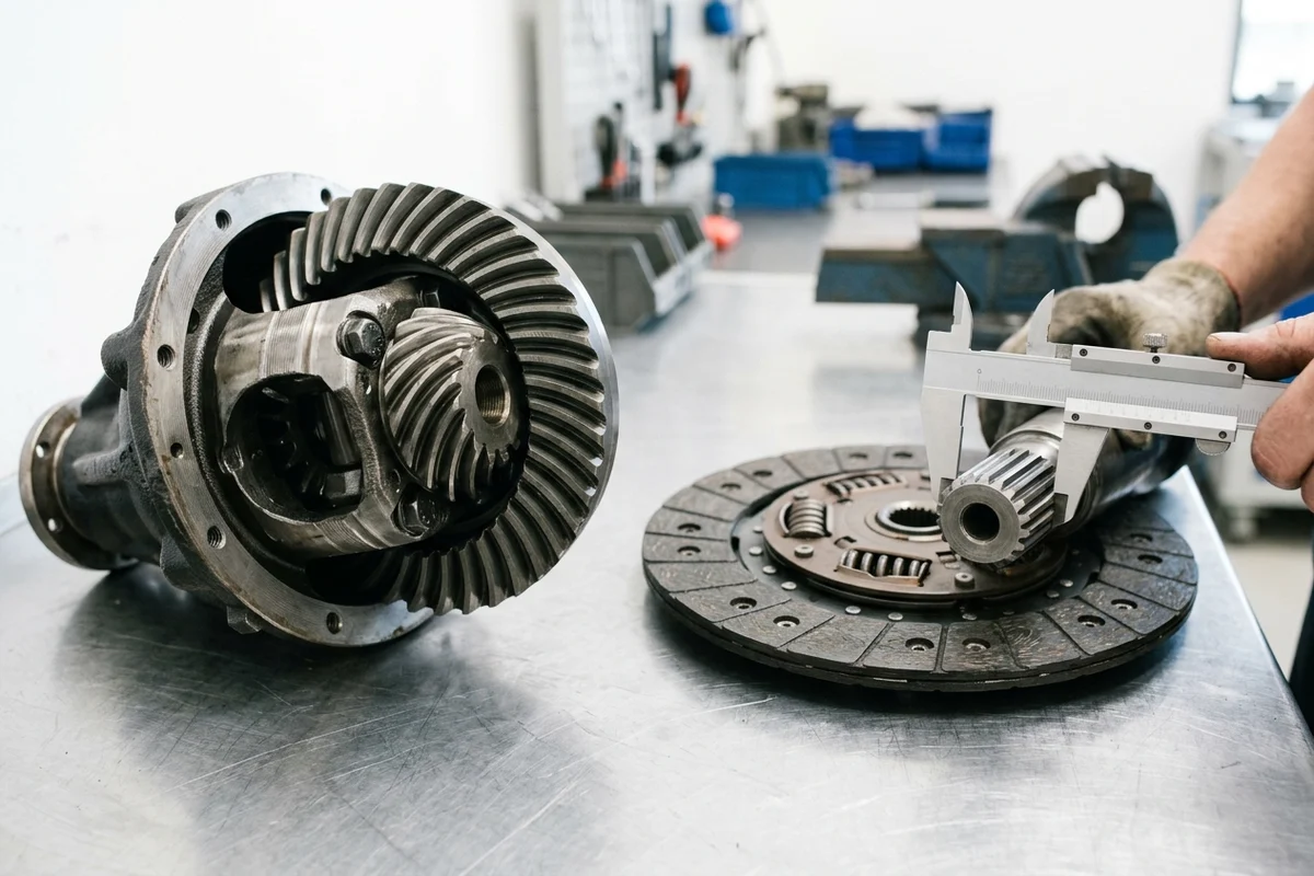 Heavy-duty truck differential third-member carrier assembly with spiral-bevel crown wheel and pinion gears beside a 430mm diaphragm clutch disc and a stainless-steel caliper measuring a splined transmission input shaft on a steel workbench